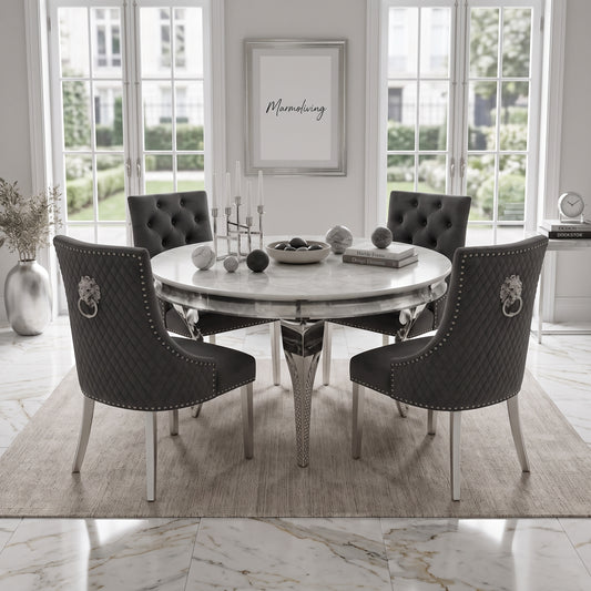 Louis White Marble Round Dining Set with Majestic Dark Grey Velvet Chairs