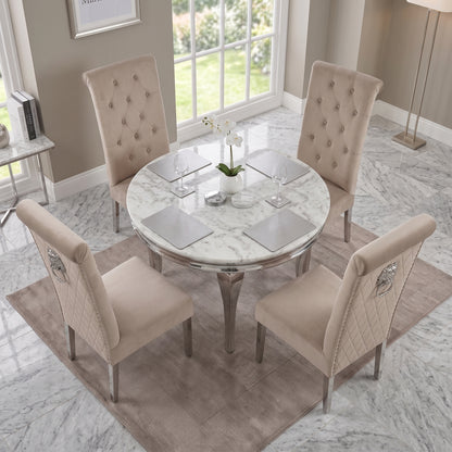 Louis White Marble Round Dining Set with Lucy Mink Velvet Chairs