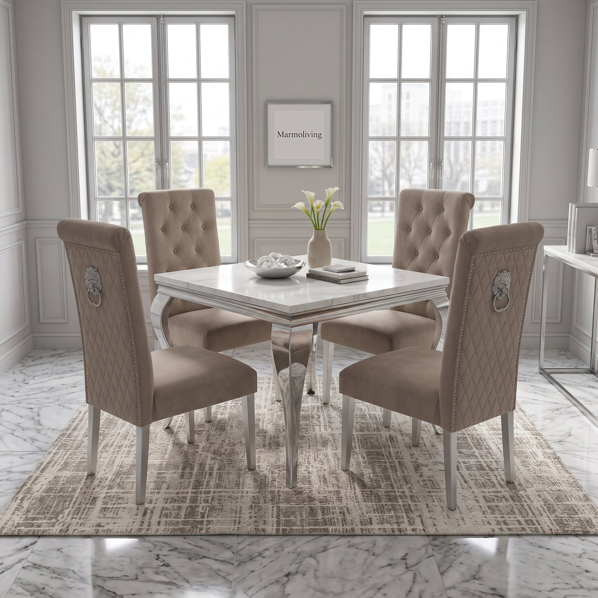 Louis White Marble Square Dining Set with Lucy Mink Velvet Chairs