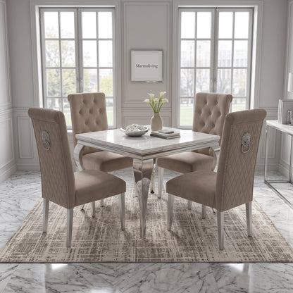 Louis White Marble Square Dining Set with Lucy Mink Velvet Chairs