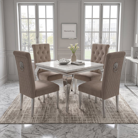 Louis White Marble Square Dining Set with Lucy Mink Velvet Chairs