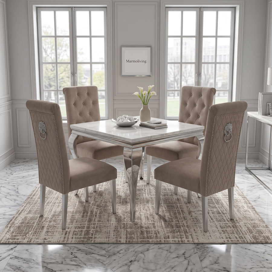 Louis White Marble Square Dining Set with Lucy Mink Velvet Chairs