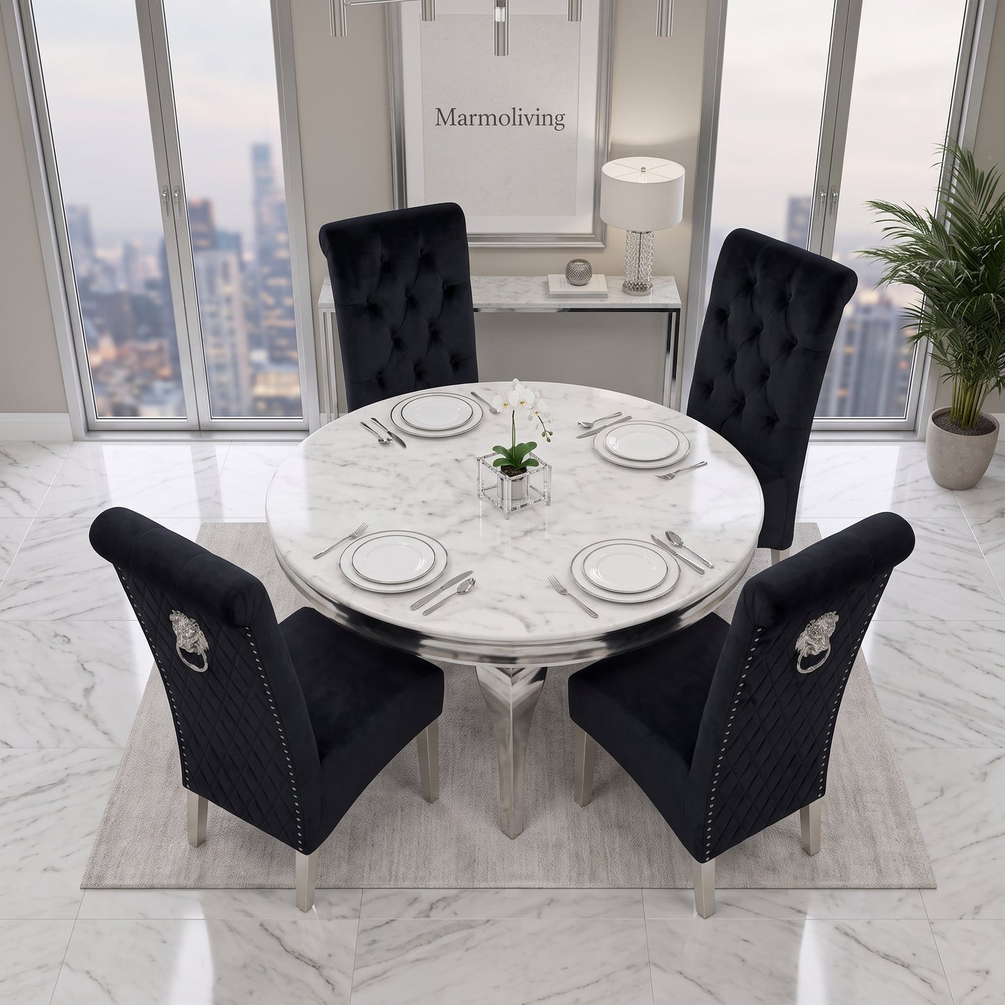 Louis White Marble Round Dining Set with Lucy Black Velvet Chairs