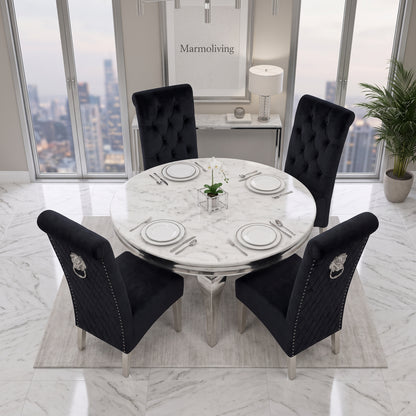 Louis White Marble Round Dining Set with Lucy Black Velvet Chairs