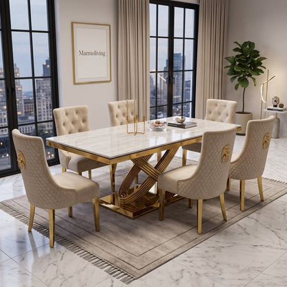 Elina Cream Gold Marble Dining Set with Majestic Mink Velvet Chairs with Gold Legs