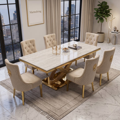 Elina Cream Gold Marble Dining Set with Majestic Mink Velvet Chairs with Gold Legs