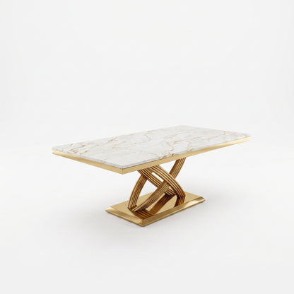 Elina White Gold Marble Dining Set with Majestic Mink Velvet Chairs with Gold Legs