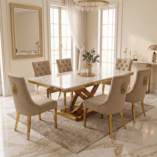 Elina White Gold Marble Dining Set with Majestic Mink Velvet Chairs with Gold Legs