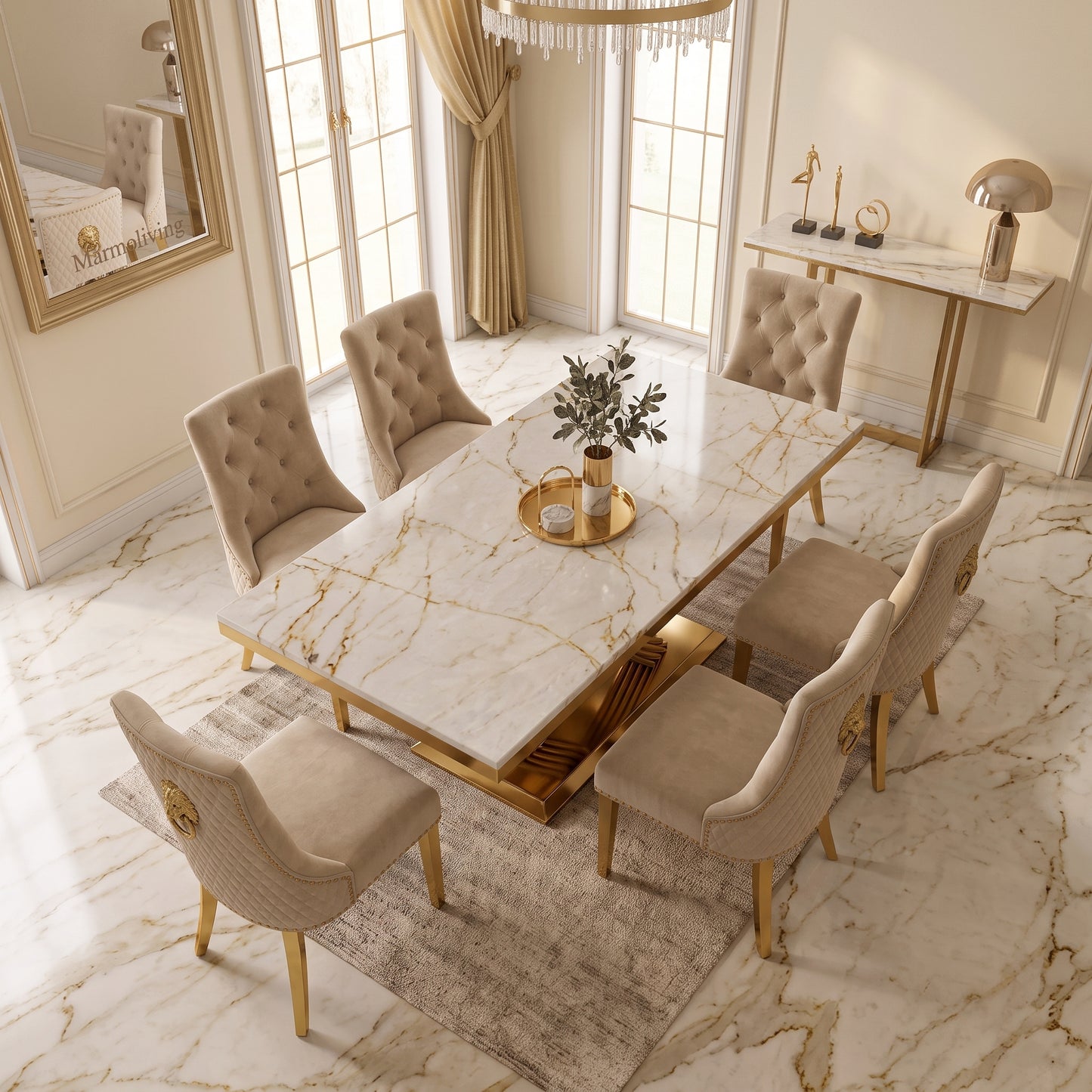 Elina White Gold Marble Dining Set with Majestic Mink Velvet Chairs with Gold Legs