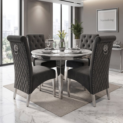 Louis Grey Marble Round Dining Set with Lucy Dark Grey Velvet Chairs