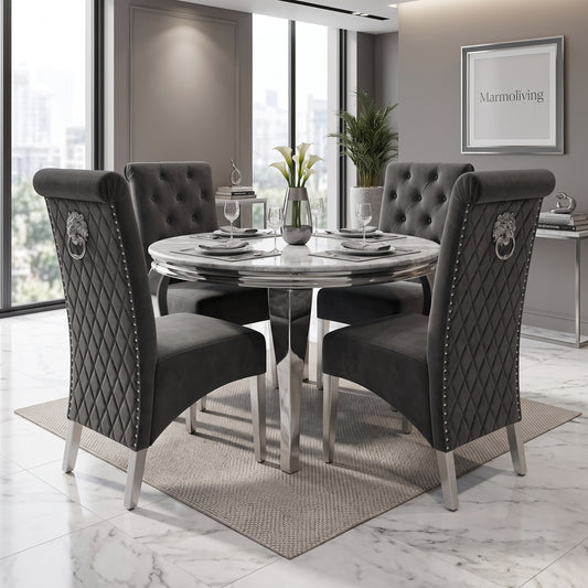 Louis Grey Marble Round Dining Set with Lucy Dark Grey Velvet Chairs