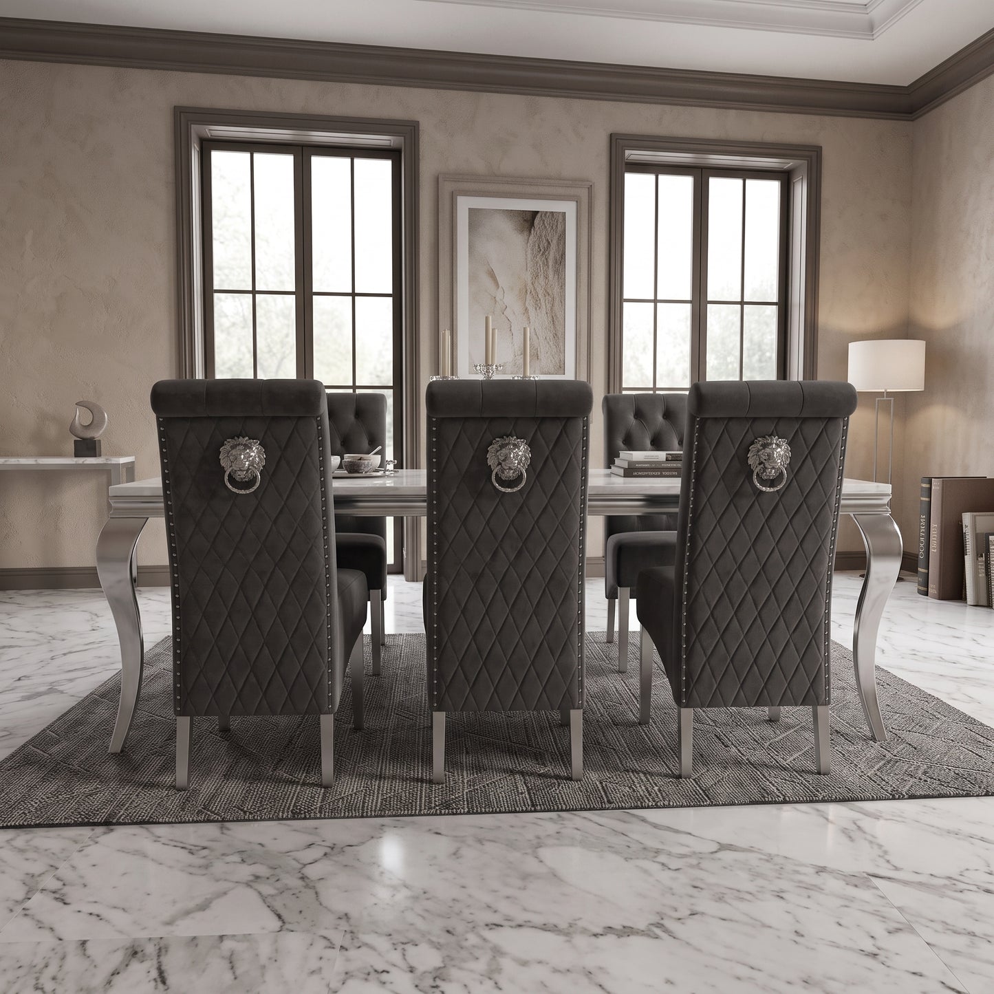 Louis White Marble Dining Set with Lucy Dark Grey Velvet Chairs