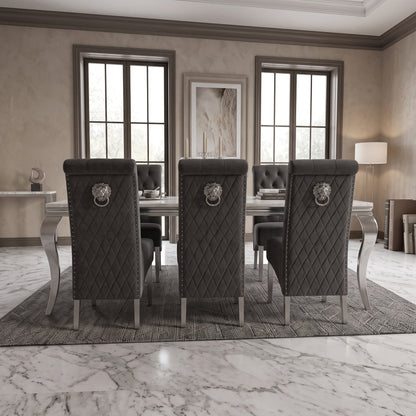 Louis White Marble Dining Set with Lucy Dark Grey Velvet Chairs