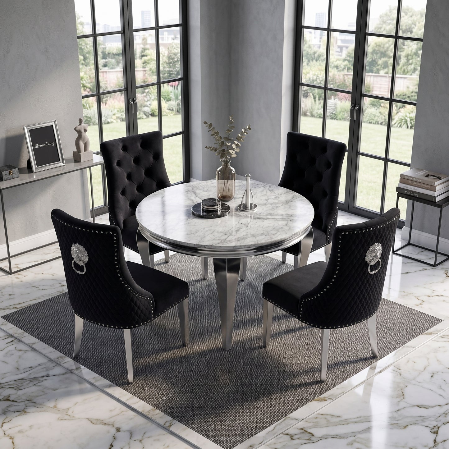 Louis Grey Marble Round Dining Set with Majestic Black Velvet Chairs