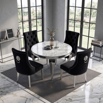 Louis Grey Marble Round Dining Set with Majestic Black Velvet Chairs