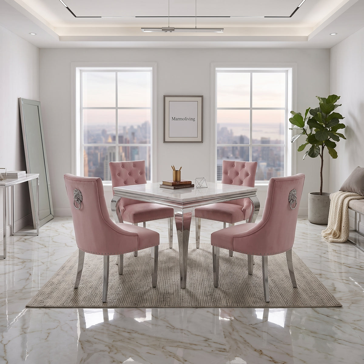 Louis White Marble Square Dining Set with Majestic Pink Velvet Chairs