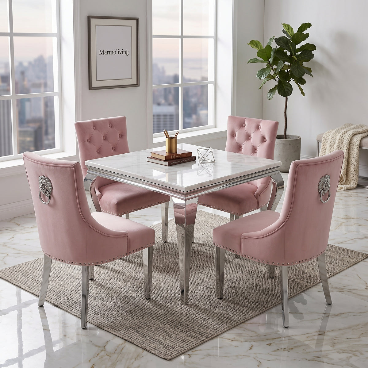 Louis White Marble Square Dining Set with Majestic Pink Velvet Chairs