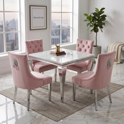 Louis White Marble Square Dining Set with Majestic Pink Velvet Chairs