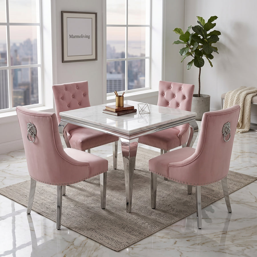 Louis White Marble Square Dining Set with Majestic Pink Velvet Chairs