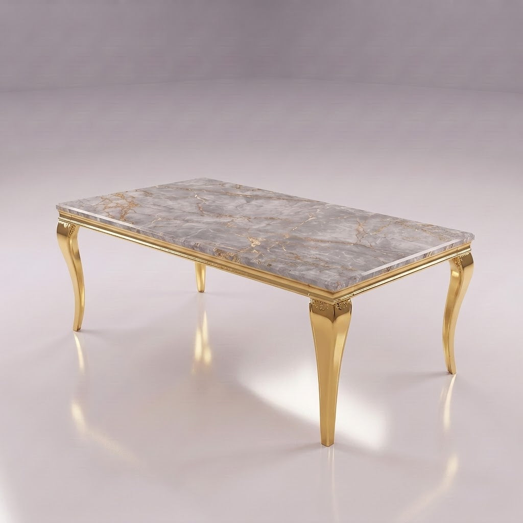 Louis Grey Gold Marble Dining Set with Majestic Mink Velvet Chairs with Gold Legs