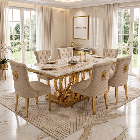 Infinity Gold Marble Dining Set with Majestic Mink Velvet Chairs with Gold Legs