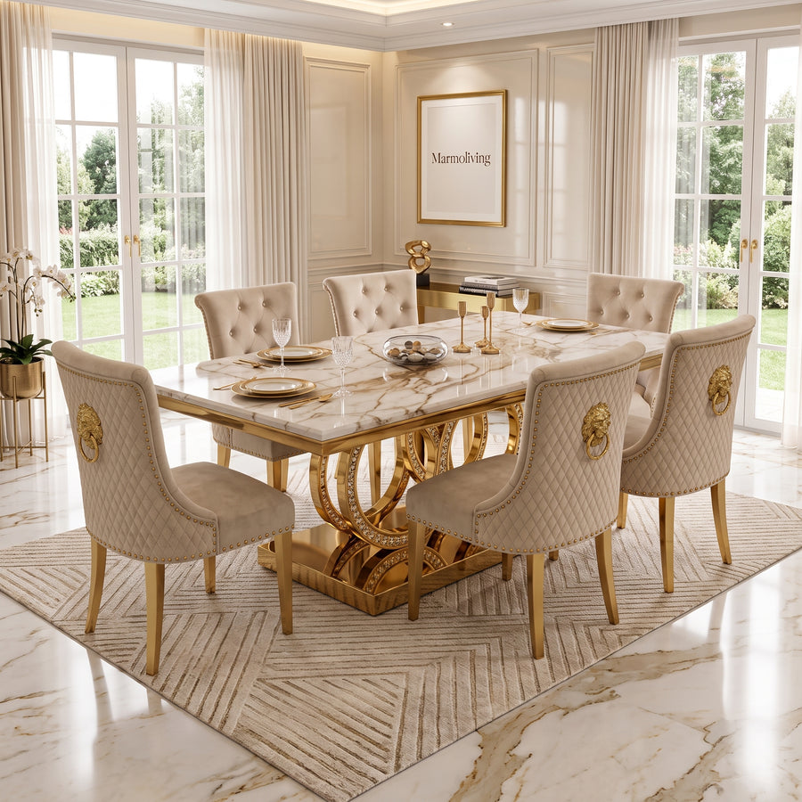 Infinity Gold Marble Dining Set with Majestic Mink Velvet Chairs with Gold Legs