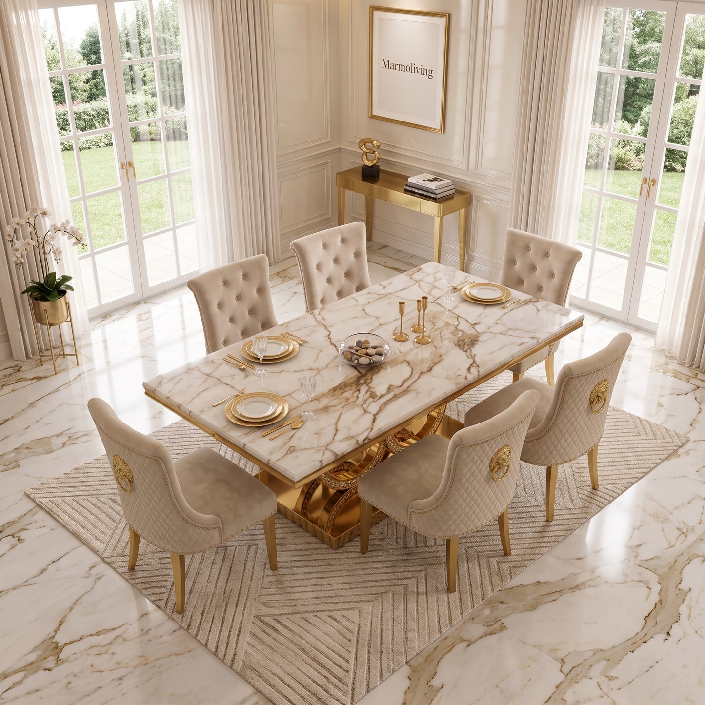 Infinity Gold Marble Dining Set with Majestic Mink Velvet Chairs with Gold Legs