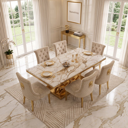 Infinity Gold Marble Dining Set with Majestic Mink Velvet Chairs with Gold Legs