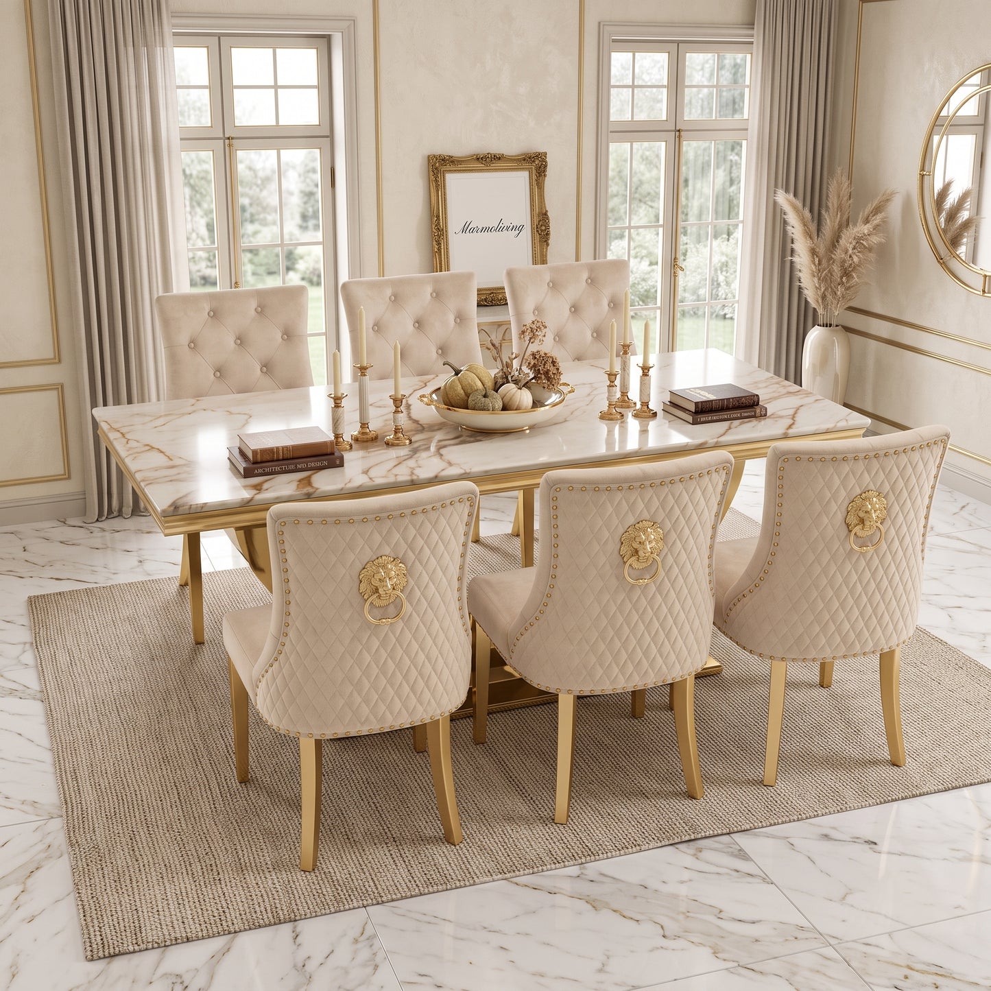 London Gold Marble Dining Set with Majestic Mink Velvet Chairs with Gold Legs