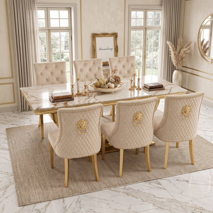 London Gold Marble Dining Set with Majestic Mink Velvet Chairs with Gold Legs