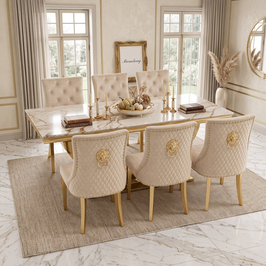 London Gold Marble Dining Set with Majestic Mink Velvet Chairs with Gold Legs