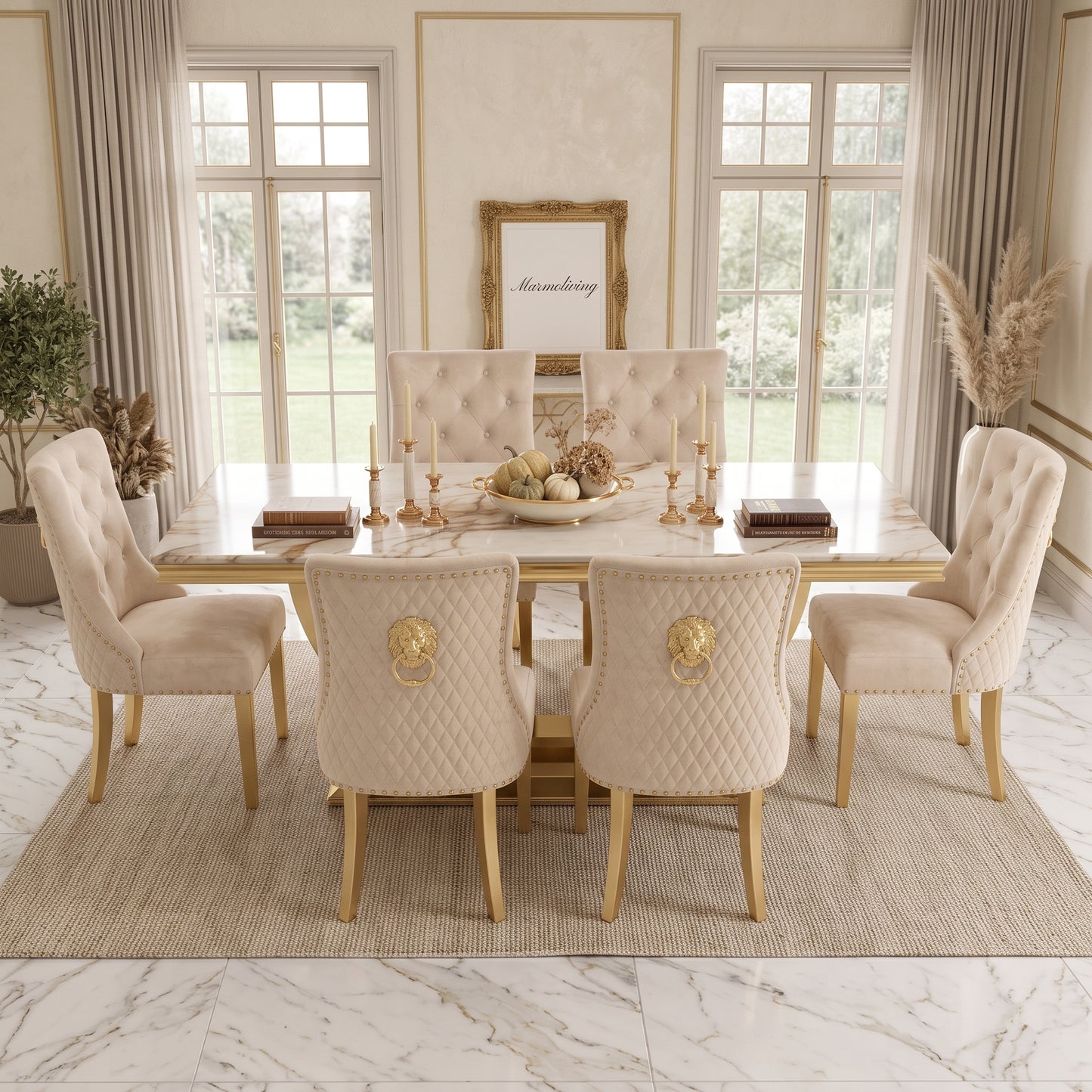 London Gold Marble Dining Set with Majestic Mink Velvet Chairs with Gold Legs