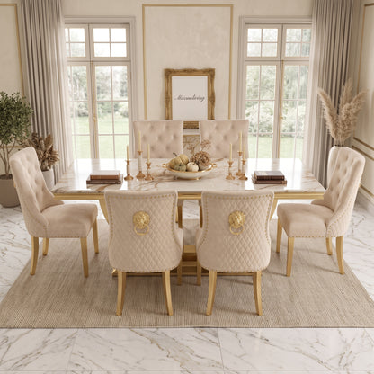 London Gold Marble Dining Set with Majestic Mink Velvet Chairs with Gold Legs