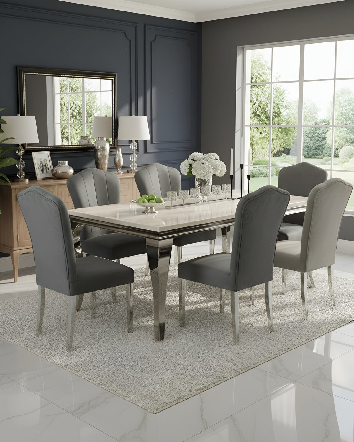 Louis marble dining table with Alice chairs - detail view