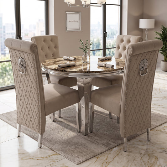 Louis Beige Marble Round Dining Set with Lucy Mink Velvet Chairs