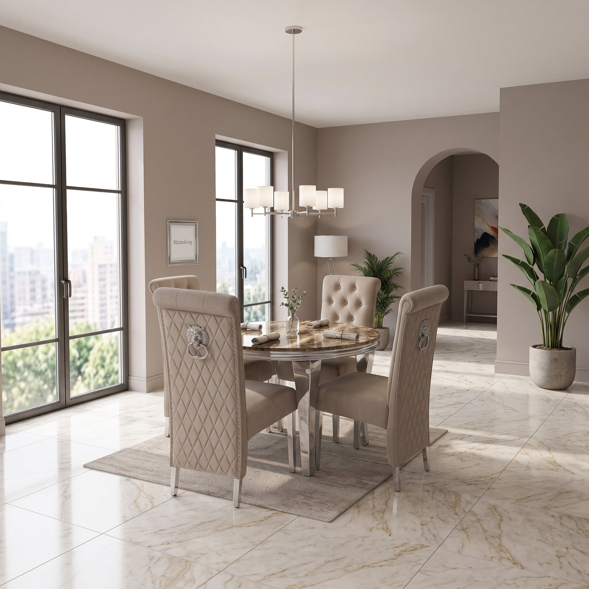 Louis Beige Marble Round Dining Set with Lucy Mink Velvet Chairs