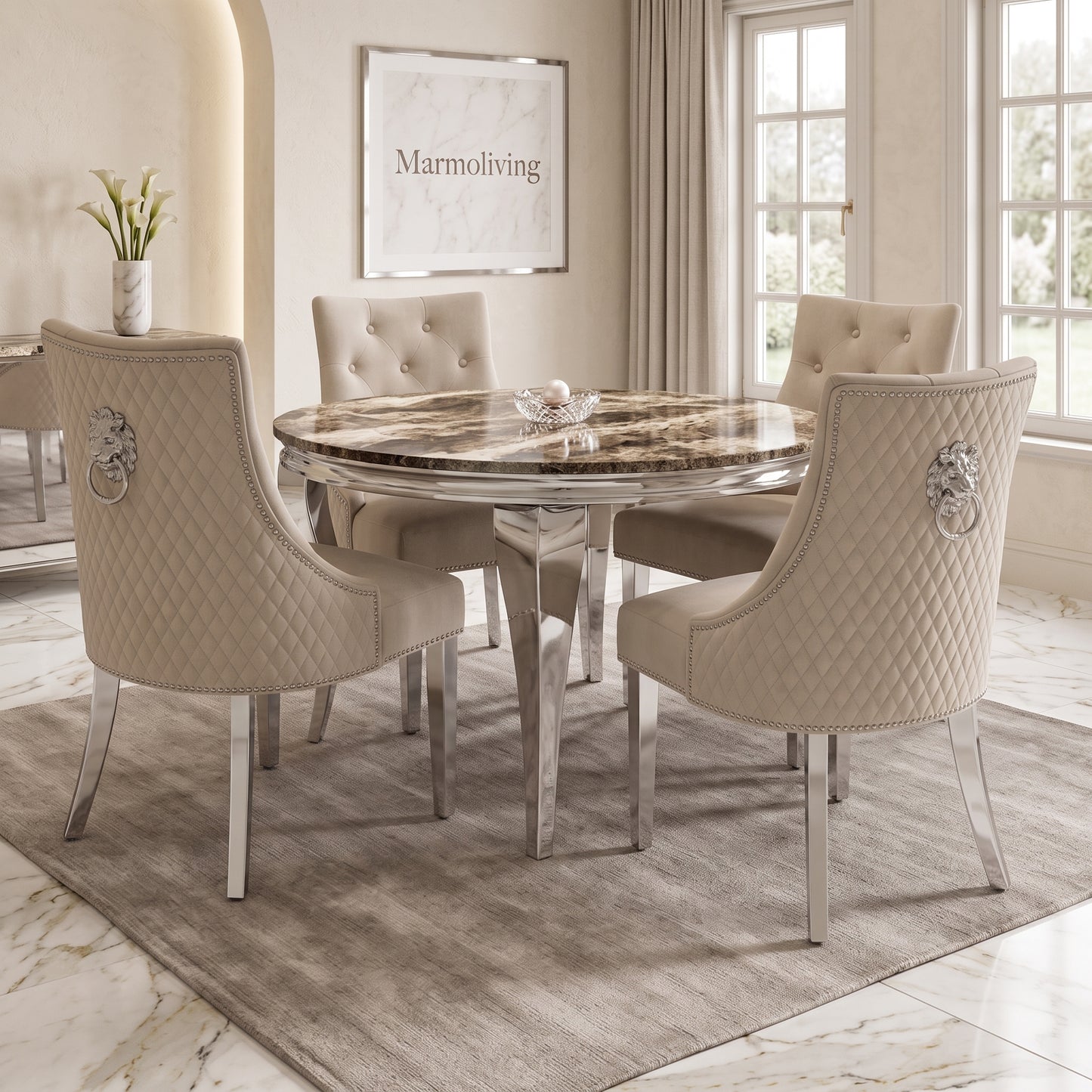 Louis Beige Marble Round Dining Set with Majestic Mink Velvet Chairs
