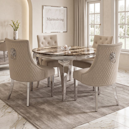 Louis Beige Marble Round Dining Set with Majestic Mink Velvet Chairs