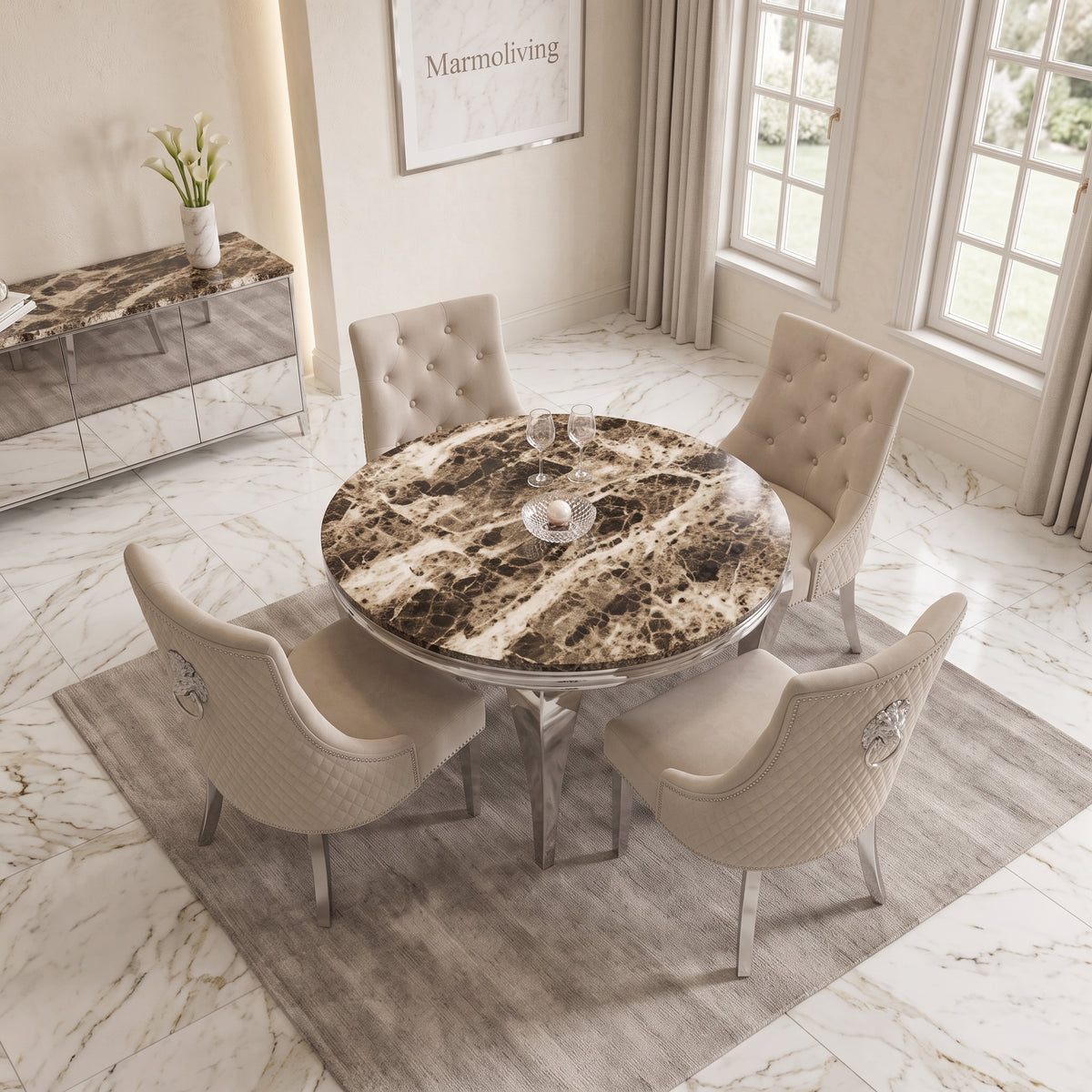 Louis Beige Marble Round Dining Set with Majestic Mink Velvet Chairs