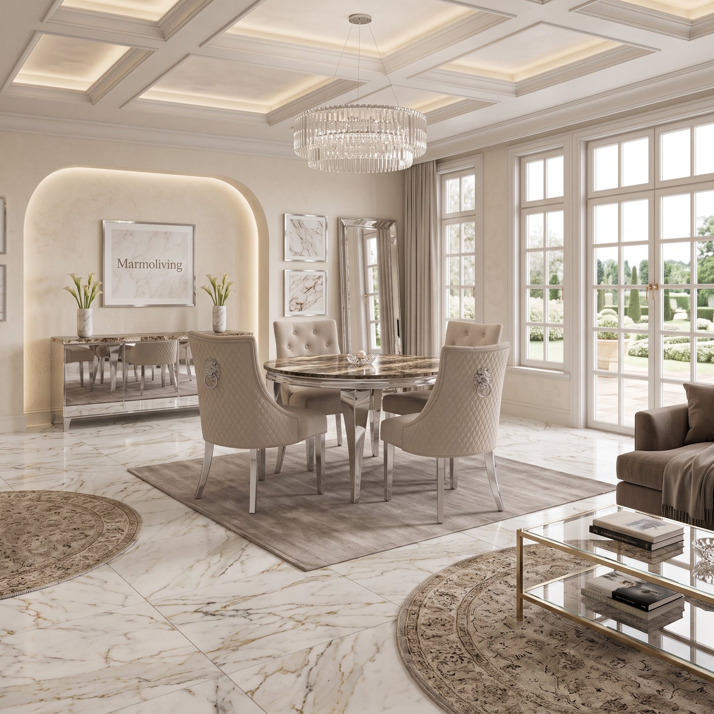 Louis Beige Marble Round Dining Set with Majestic Mink Velvet Chairs