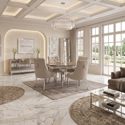 Louis Beige Marble Round Dining Set with Majestic Mink Velvet Chairs