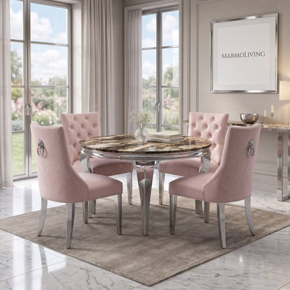 Louis Beige Marble Round Dining Set with Majestic Pink Velvet Chairs
