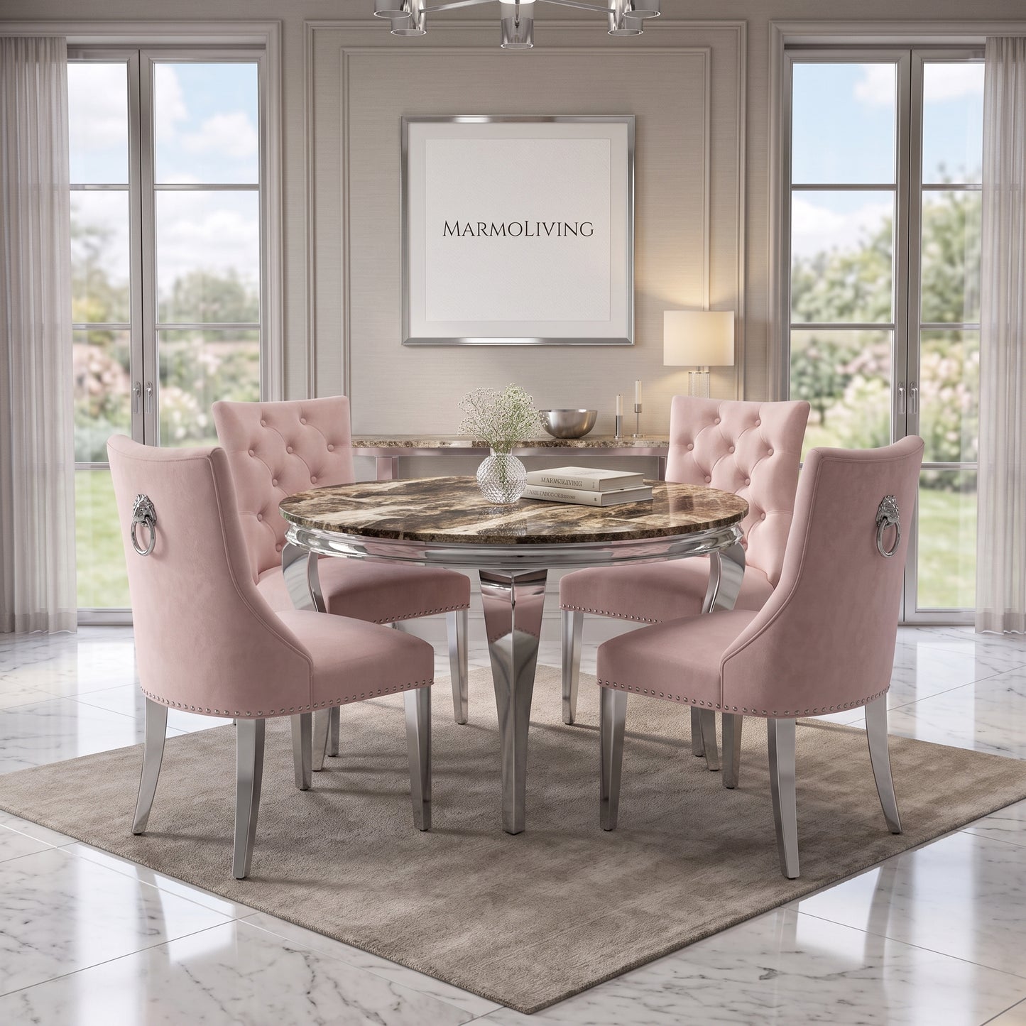 Louis Beige Marble Round Dining Set with Majestic Pink Velvet Chairs