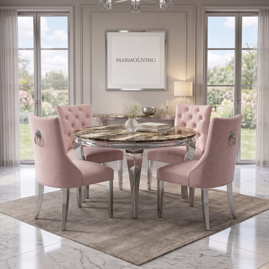 Louis Beige Marble Round Dining Set with Majestic Pink Velvet Chairs