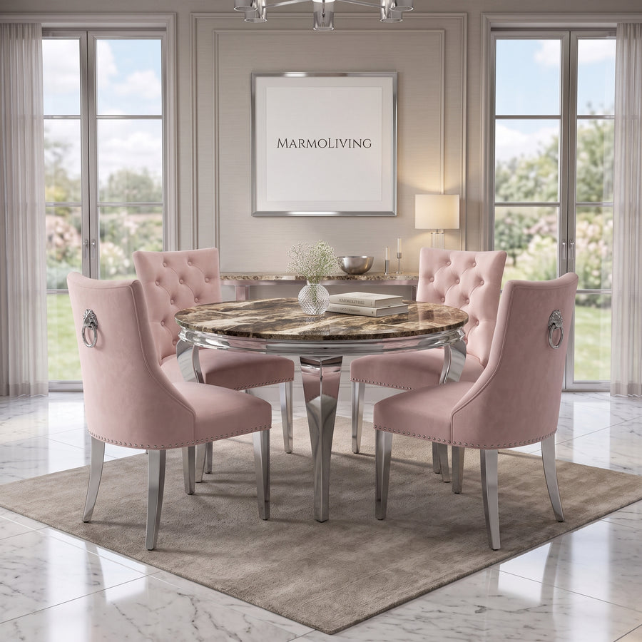 Louis Beige Marble Round Dining Set with Majestic Pink Velvet Chairs