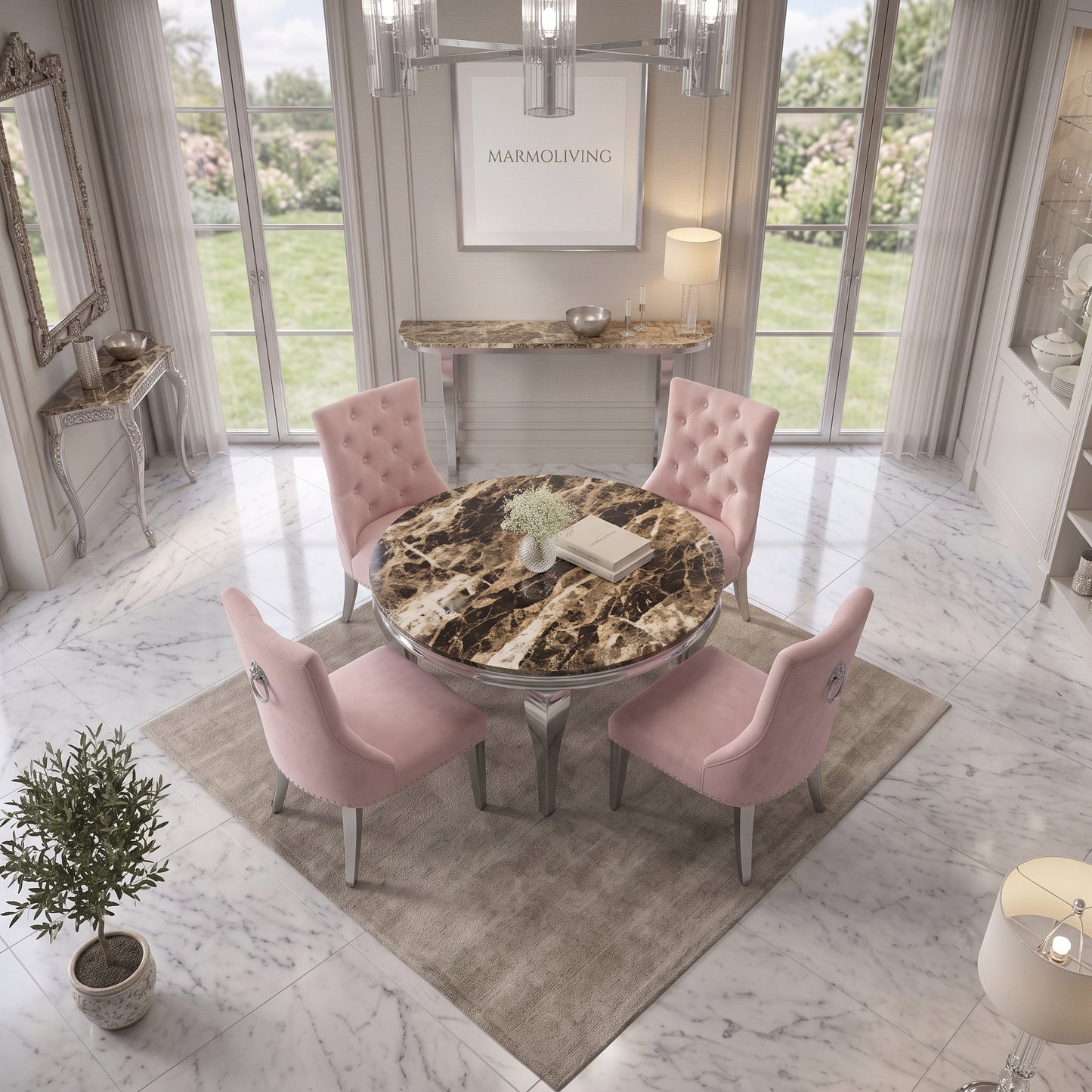 Louis Beige Marble Round Dining Set with Majestic Pink Velvet Chairs
