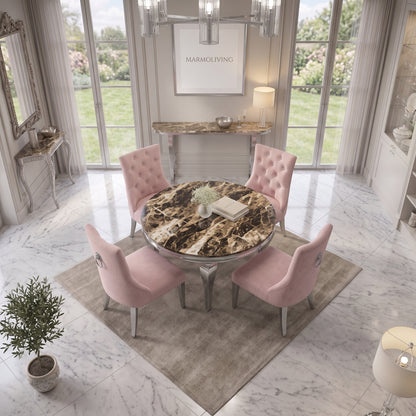 Louis Beige Marble Round Dining Set with Majestic Pink Velvet Chairs