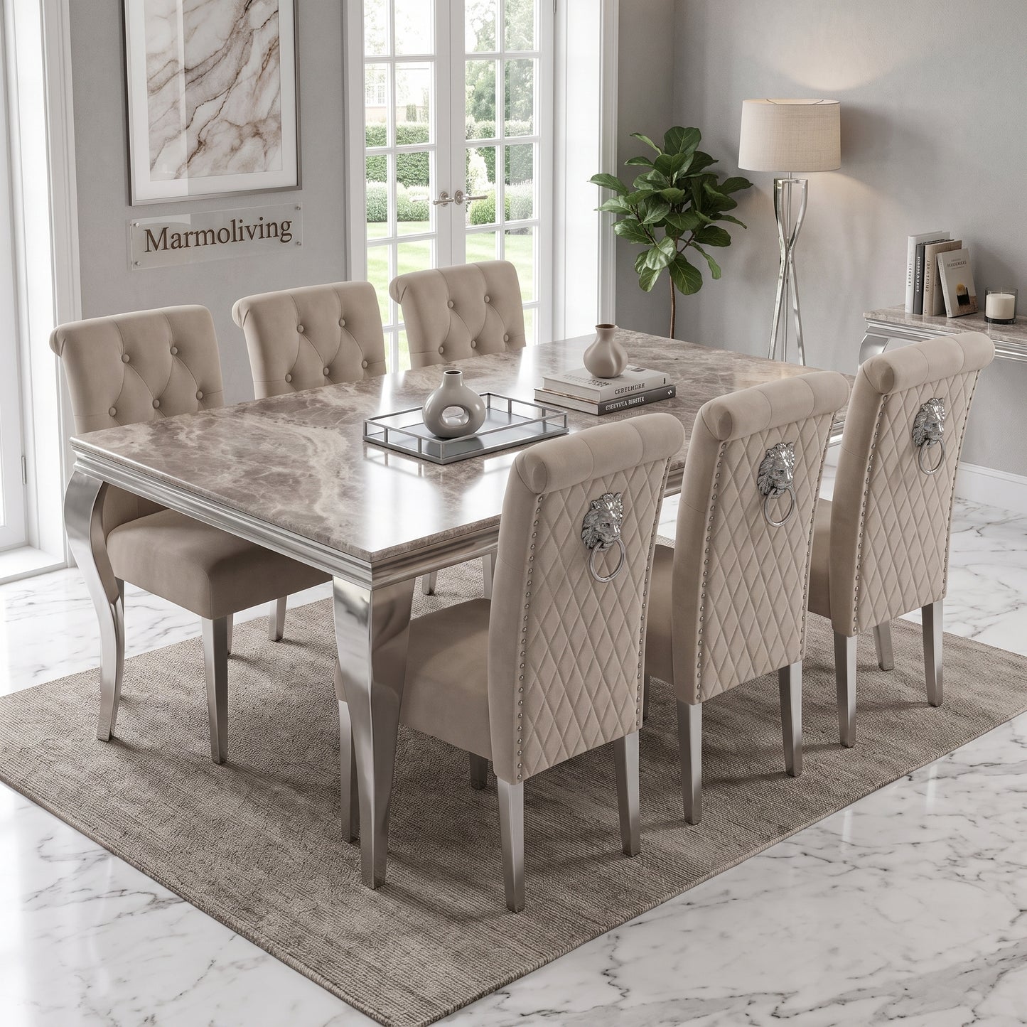 Louis Beige Marble Dining Set with Lucy Mink Velvet Chairs