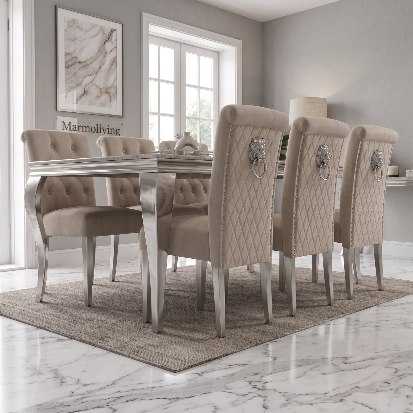 Louis Beige Marble Dining Set with Lucy Mink Velvet Chairs