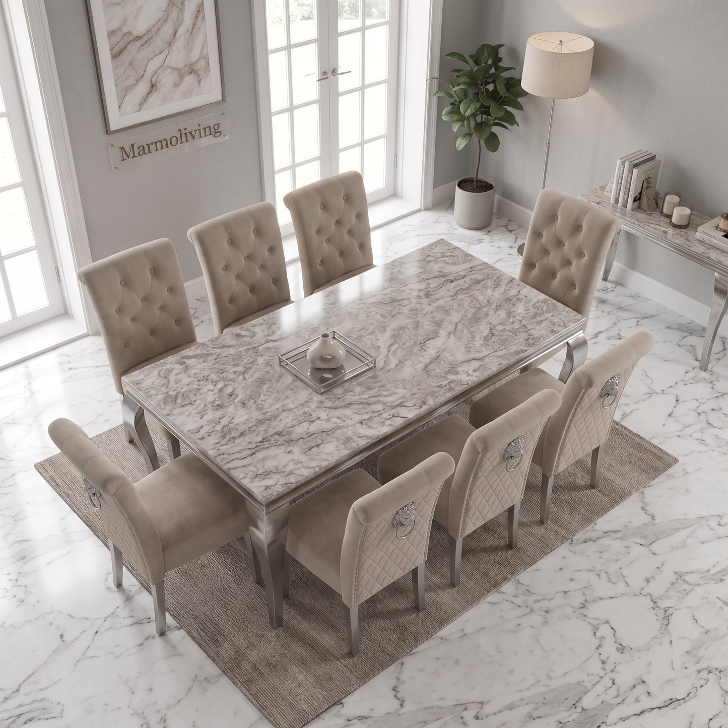 Louis Beige Marble Dining Set with Lucy Mink Velvet Chairs